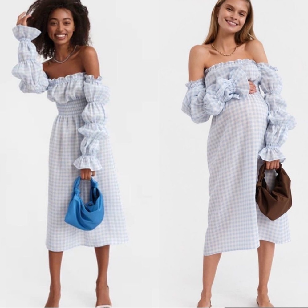 Sleeper Light Blue Gingham Off-Shoulder Dress -  S